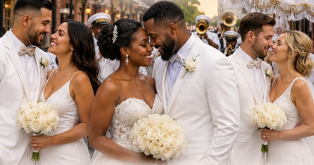Three couples in all-white attire celebrating in the French Quarter