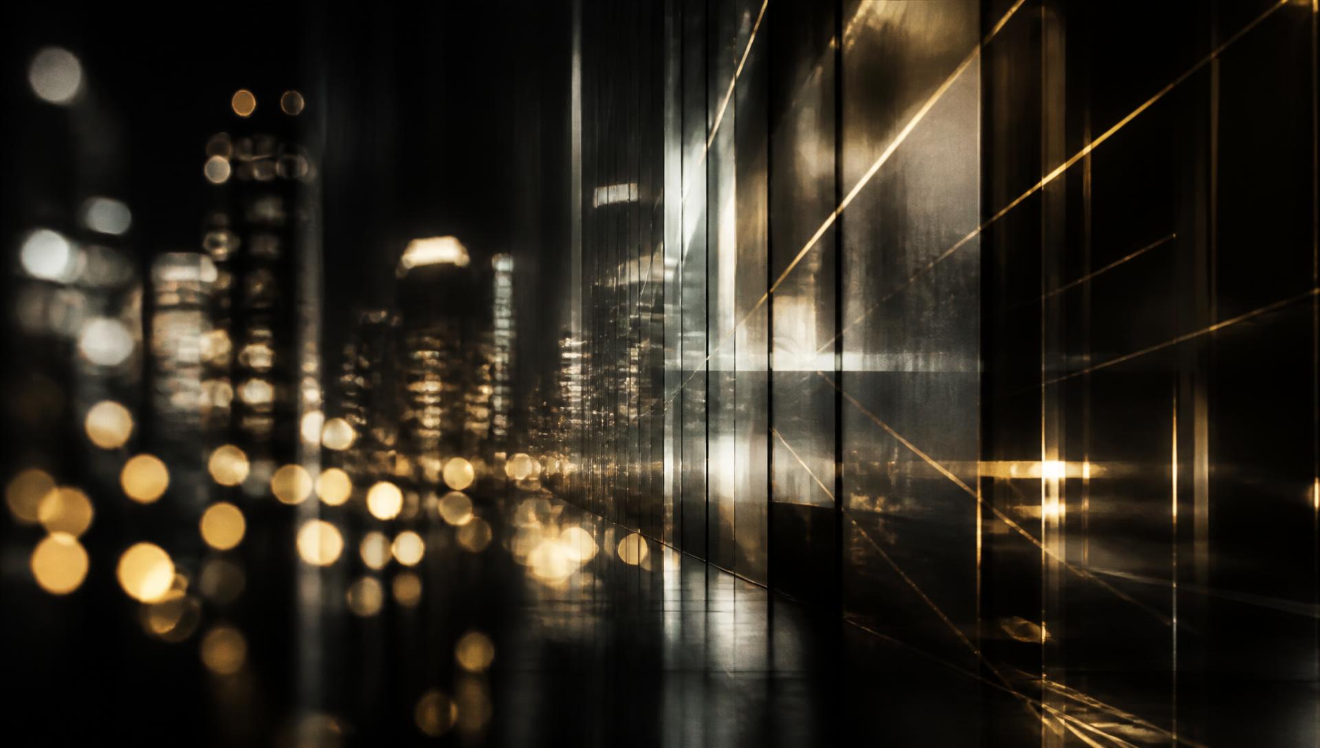 Abstract night cityscape of glass towers and golden light reflections